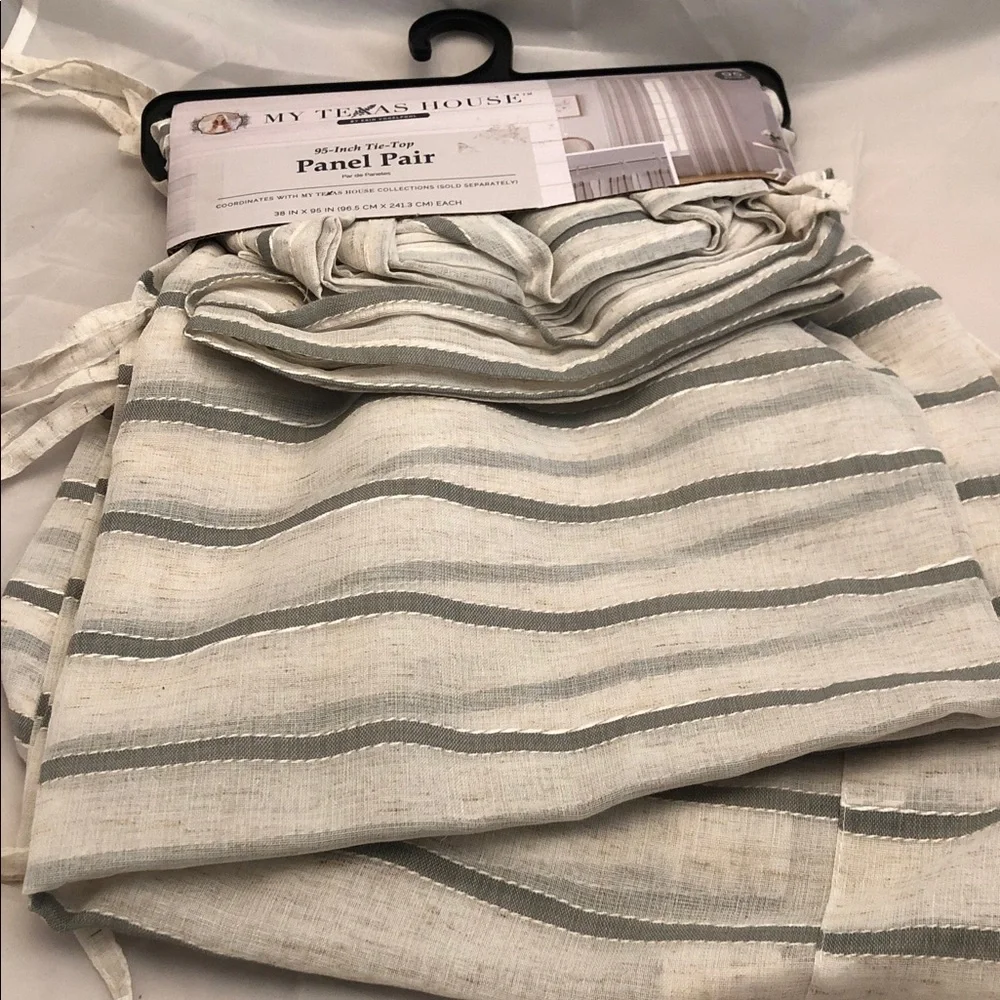 My Texas House Cream and Gray Striped Tie-Top Curtain Panel Pair